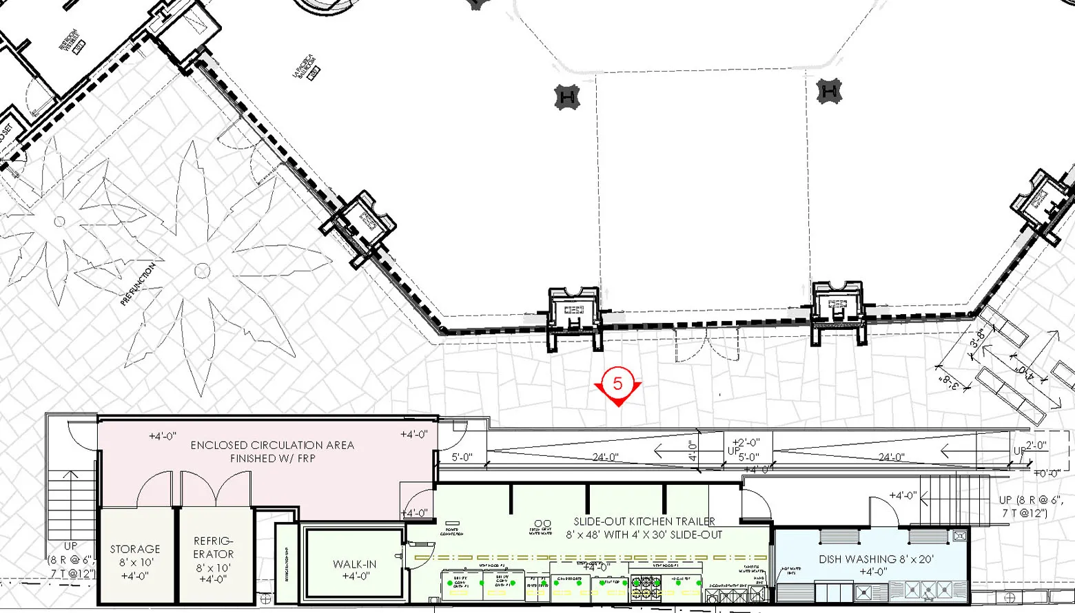 Architectural floor plan showing a slide-out kitchen trailer, enclosed circulation area, storage, refrigerator, walk-in, and dish washing area with measurements.