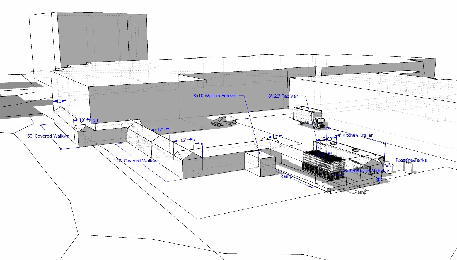 3D architectural site plan showing buildings, walkways with measurements, vehicles, and labeled areas including walk-in freezer, kitchen trailer, propane tanks, and covered walkways.
